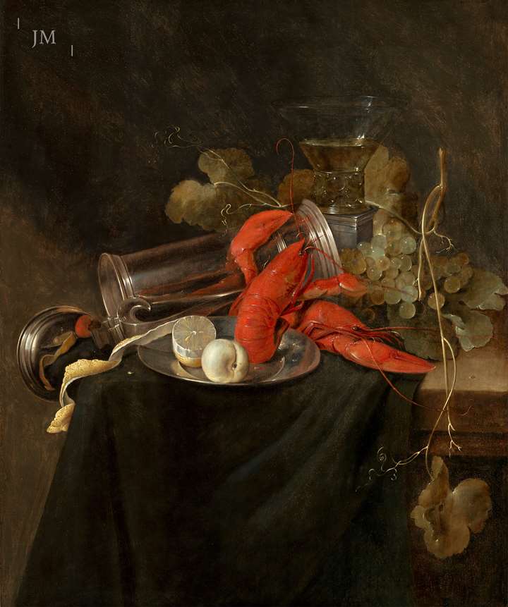 A still life with lobster, roemer, pewter tankard and a lemon